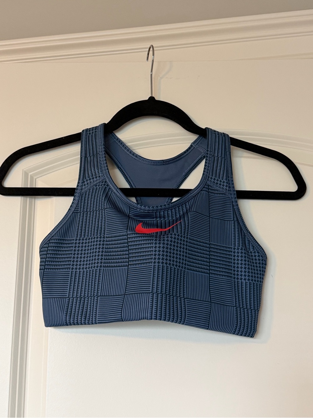 Nike Blue Houndstooth Racerback Sports Bra with Red Swoosh
